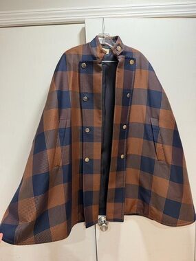 Temperley London Navy and Brown Plaid Double-Breasted Cape Coat